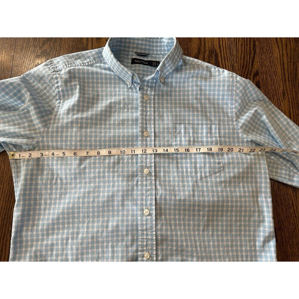 Nautica Classic Fit Button Down Shirt Light Blue White Check Mens L 100% Cotton - Picture 7 of 9